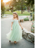 Cap Sleeves Light Green Lace Tulle Spring Flower Girl Dress